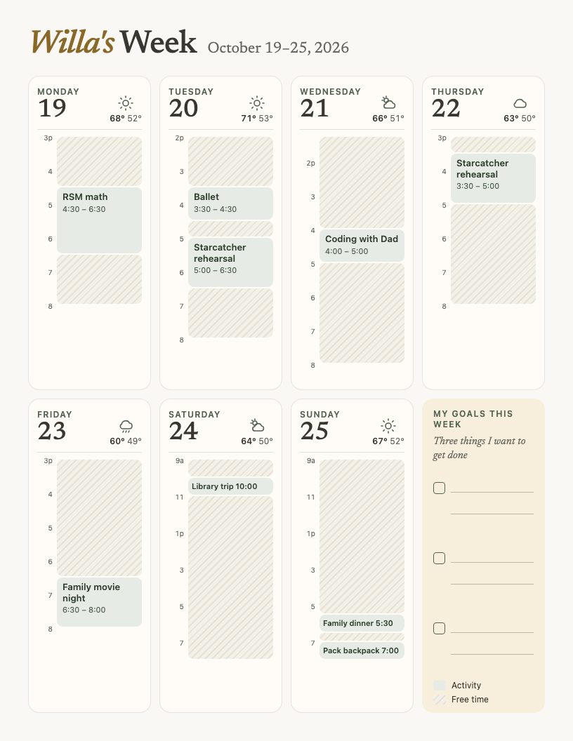 Page 1: the week, one card per day